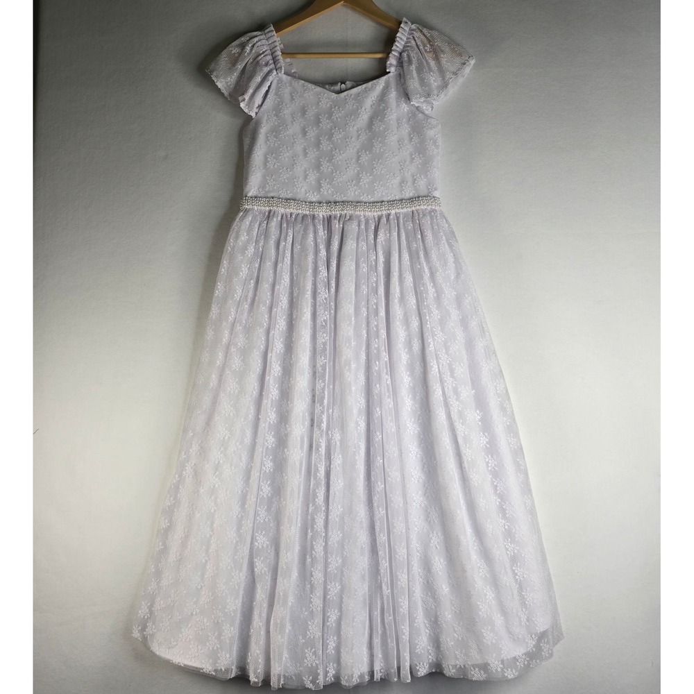 Bonnie Jean Girls White Lace Pearl Waist Formal Dress Size 14 Flower Girl Gown